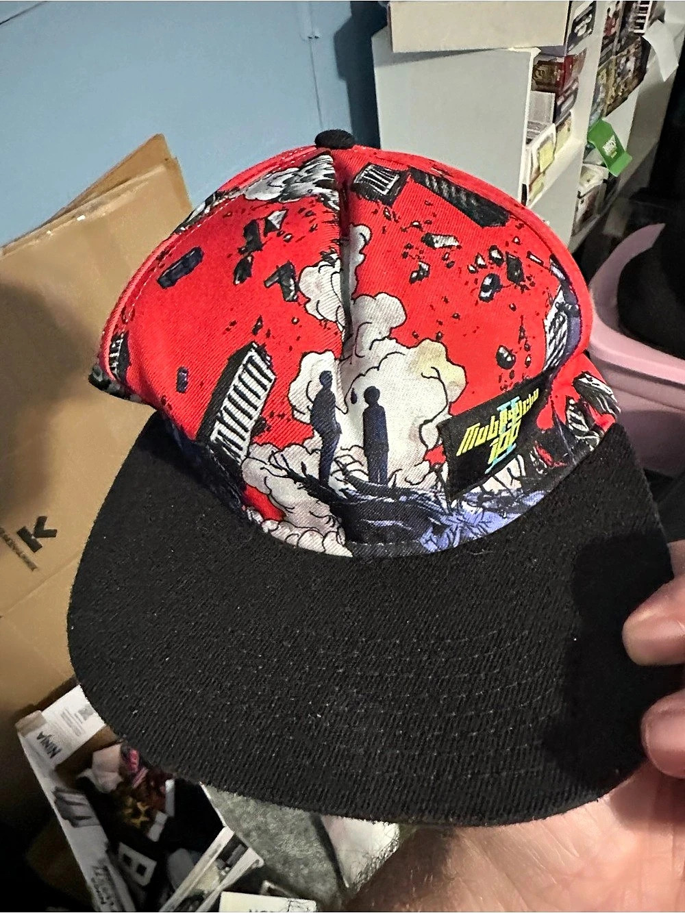 Mob Psycho 100 Destroyed City Snapback Hat in Black & Red